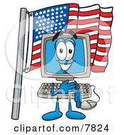 Desktop Computer Mascot Cartoon Character Pledging Allegiance To An American Flag