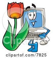 Desktop Computer Mascot Cartoon Character With A Red Tulip Flower In The Spring by Mascot Junction