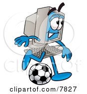 Desktop Computer Mascot Cartoon Character Kicking A Soccer Ball