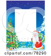 Poster, Art Print Of White Vertical Text Box Bordered With Santa Walking Towards An Outdoor Christmas Tree