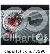 Poster, Art Print Of Grungy Background Of Drips Speakers Stars Keyboards And A Red Disco Ball On Gray