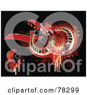 Poster, Art Print Of Grungy Red Background Of Splatters Drips Speakers Wings Stars And Keyboards On Black