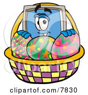 Desktop Computer Mascot Cartoon Character In An Easter Basket Full Of Decorated Easter Eggs