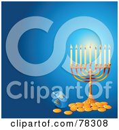 Poster, Art Print Of Glowing Hanukkah Menorah With Gold Coins On A Blue Background