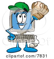 Poster, Art Print Of Desktop Computer Mascot Cartoon Character Catching A Baseball With A Glove