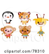 Digital Collage Of Cute Animals With Big Heads Penguin Tiger Monkey Bear And Giraffe