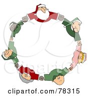 Circle Of Diverse Elves With Santa And Mrs Claus Holding Hands And Looking Up