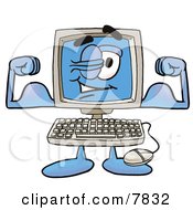 Desktop Computer Mascot Cartoon Character Flexing His Arm Muscles