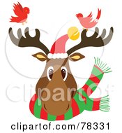 Poster, Art Print Of Christmas Reindeer Head Wearing A Scarf And Santa Hat With Two Red Birds