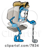 Desktop Computer Mascot Cartoon Character Leaning On A Golf Club While Golfing by Mascot Junction