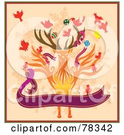 Poster, Art Print Of Birds Decorating A Christmas Reindeer With A Purple Banner On Orange