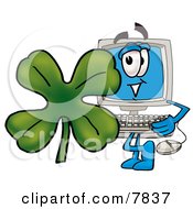 Poster, Art Print Of Desktop Computer Mascot Cartoon Character With A Green Four Leaf Clover On St Paddys Or St Patricks Day