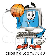 Poster, Art Print Of Desktop Computer Mascot Cartoon Character Spinning A Basketball On His Finger