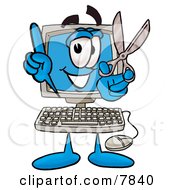 Desktop Computer Mascot Cartoon Character Holding A Pair Of Scissors by Toons4Biz