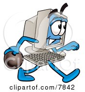 Desktop Computer Mascot Cartoon Character Holding A Bowling Ball by Toons4Biz