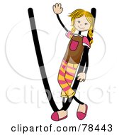 Poster, Art Print Of Stick Kid Alphabet Letter V With A Girl