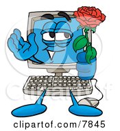 Desktop Computer Mascot Cartoon Character Holding A Red Rose On Valentines Day