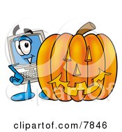 Poster, Art Print Of Desktop Computer Mascot Cartoon Character With A Carved Halloween Pumpkin