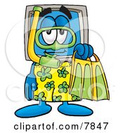Desktop Computer Mascot Cartoon Character In Green And Yellow Snorkel Gear
