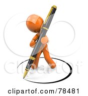 3d Orange Design Mascot Man Drawing A Circle Of Ink Around Himself With A Pen