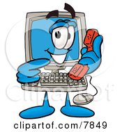 Desktop Computer Mascot Cartoon Character Holding A Telephone by Mascot Junction