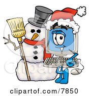 Poster, Art Print Of Desktop Computer Mascot Cartoon Character With A Snowman On Christmas