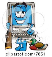 Desktop Computer Mascot Cartoon Character Duck Hunting Standing With A Rifle And Duck