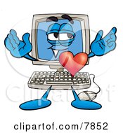 Poster, Art Print Of Desktop Computer Mascot Cartoon Character With His Heart Beating Out Of His Chest