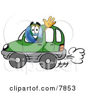 World Earth Globe Mascot Cartoon Character Driving A Blue Car And Waving