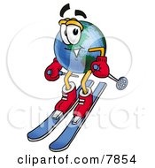 Poster, Art Print Of World Earth Globe Mascot Cartoon Character Skiing Downhill