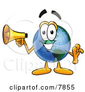 World Earth Globe Mascot Cartoon Character Holding A Megaphone