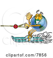 Poster, Art Print Of World Earth Globe Mascot Cartoon Character Waving While Water Skiing