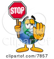 World Earth Globe Mascot Cartoon Character Holding A Stop Sign