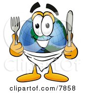 Poster, Art Print Of World Earth Globe Mascot Cartoon Character Holding A Knife And Fork