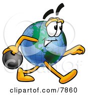 Poster, Art Print Of World Earth Globe Mascot Cartoon Character Holding A Bowling Ball