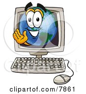 World Earth Globe Mascot Cartoon Character Waving From Inside A Computer Screen by Mascot Junction