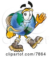 World Earth Globe Mascot Cartoon Character Hiking And Carrying A Backpack