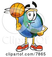 World Earth Globe Mascot Cartoon Character Spinning A Basketball On His Finger