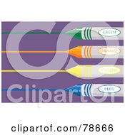 Royalty Free RF Clipart Illustration Of Drawing Green Orange Yellow And Blue Crayons On Purple by Prawny