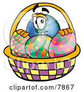 World Earth Globe Mascot Cartoon Character In An Easter Basket Full Of Decorated Easter Eggs