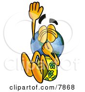 World Earth Globe Mascot Cartoon Character Plugging His Nose While Jumping Into Water