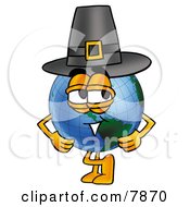 Poster, Art Print Of World Earth Globe Mascot Cartoon Character Wearing A Pilgrim Hat On Thanksgiving