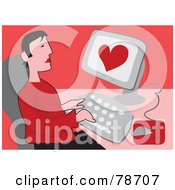 Poster, Art Print Of Lonely Man Using An Internet Dating Site On A Computer Over Red