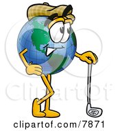 World Earth Globe Mascot Cartoon Character Leaning On A Golf Club While Golfing