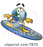 Poster, Art Print Of World Earth Globe Mascot Cartoon Character Surfing On A Blue And Yellow Surfboard