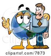 World Earth Globe Mascot Cartoon Character Talking To A Business Man