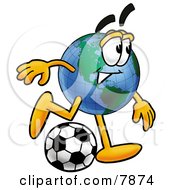 Poster, Art Print Of World Earth Globe Mascot Cartoon Character Kicking A Soccer Ball