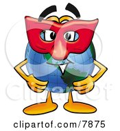 World Earth Globe Mascot Cartoon Character Wearing A Red Mask Over His Face by Toons4Biz