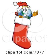 Poster, Art Print Of World Earth Globe Mascot Cartoon Character Wearing A Santa Hat Inside A Red Christmas Stocking