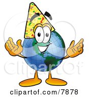 Poster, Art Print Of World Earth Globe Mascot Cartoon Character Wearing A Birthday Party Hat
